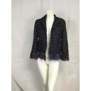 [312] For The Republic Blazer Womens 6 Blue Tweed Fringe Short Jacket 3/4 Sleeve